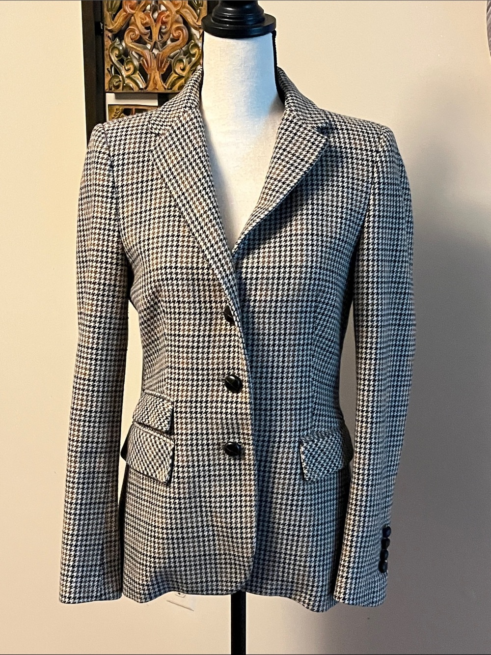 Zara Black & White Houndstooth Tailored Blazer, herringbone pattern, small